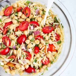 Orzo salad recipe in a bowl.