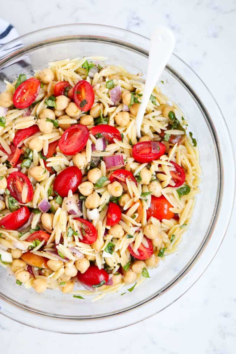 Orzo salad recipe in a bowl.