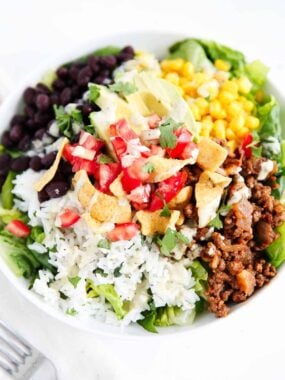 Taco salad recipe in a bowl.