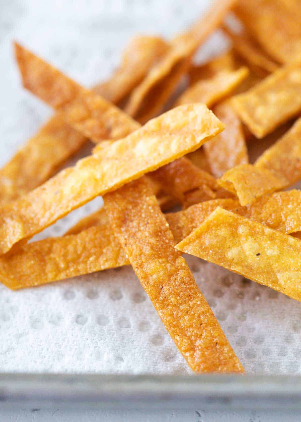 Tortilla strips up close in the photo. 