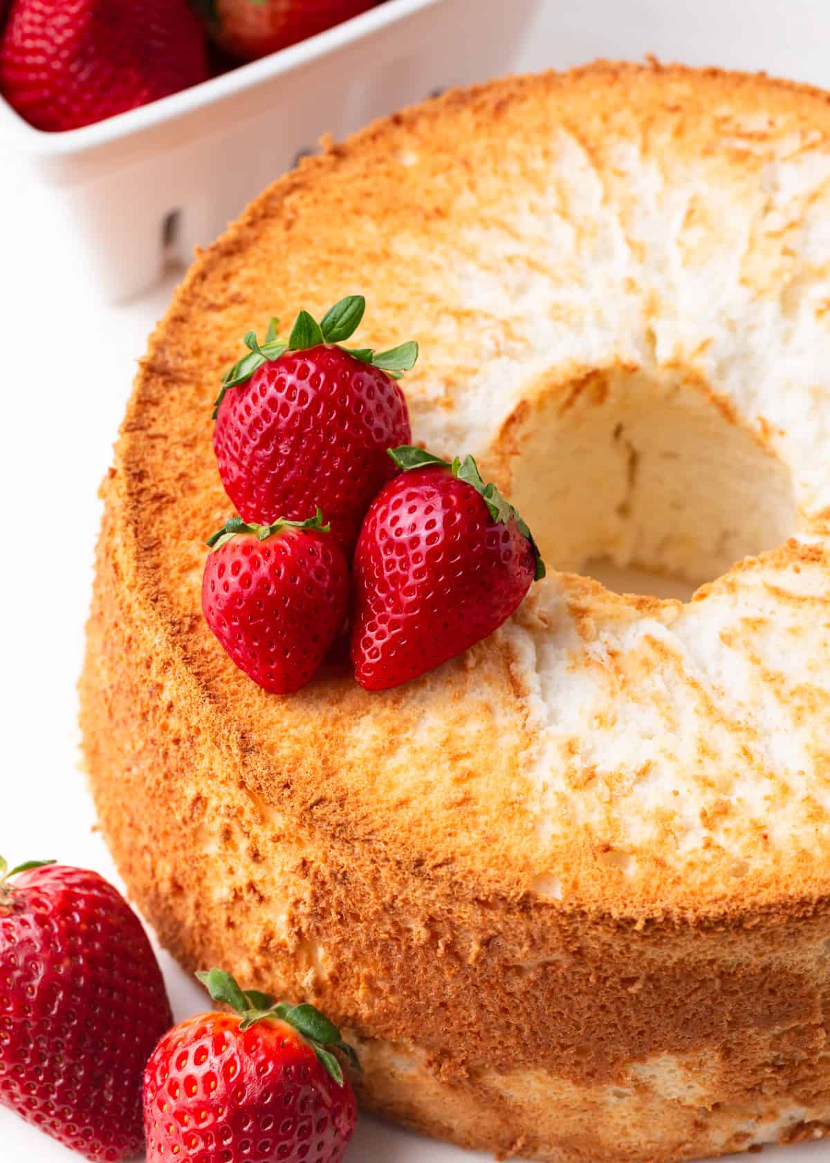 Angel food cake on a counter.