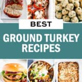 A collage of photos with ground turkey recipes.