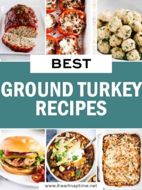 A collage of photos with ground turkey recipes.