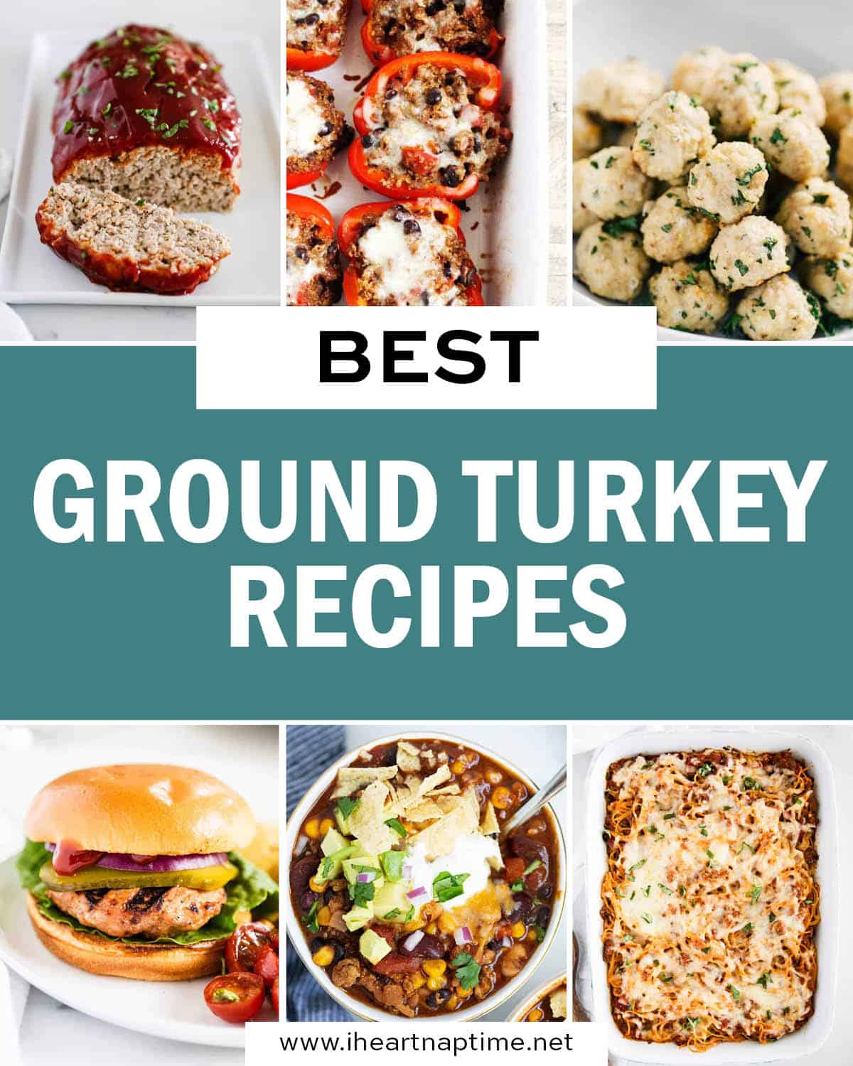 A collage of photos with ground turkey recipes.