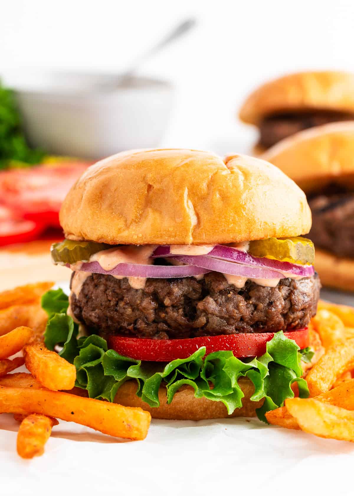 Hamburger and fries on a plate.