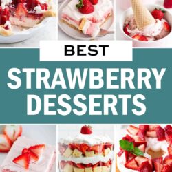 A photo collage with strawberry dessert recipes.