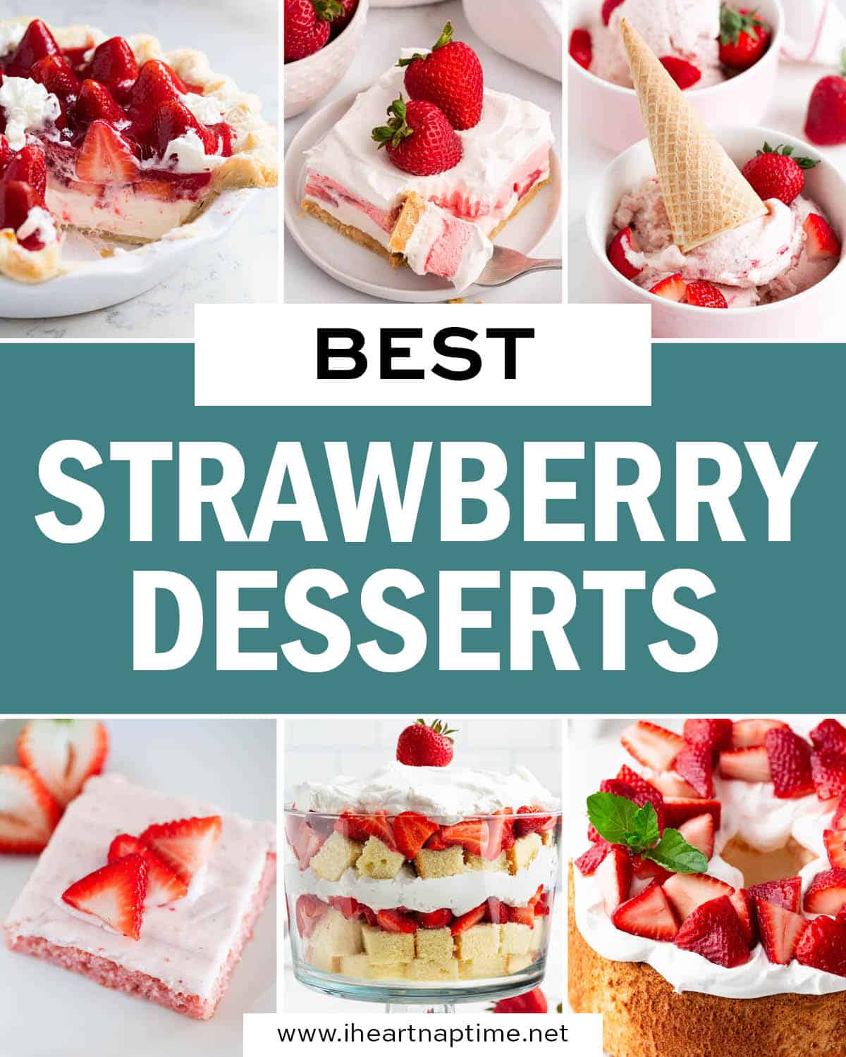 A photo collage with strawberry dessert recipes.