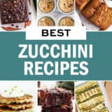 A collage of photos with zucchini recipes.