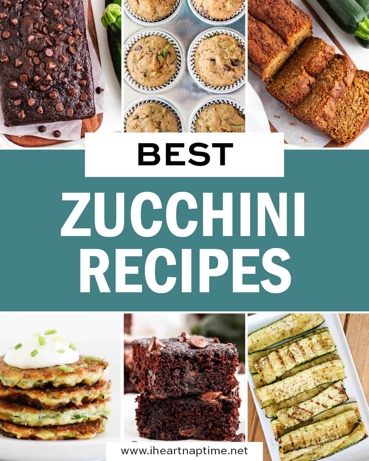 A collage of photos with zucchini recipes.