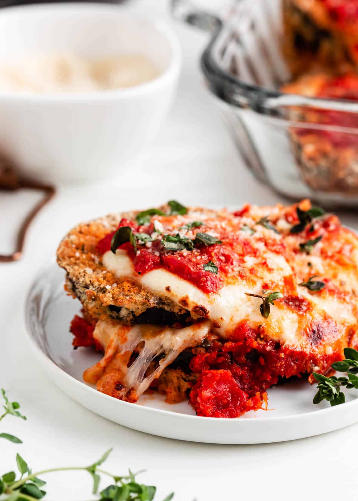 Eggplant parmesan on plate.