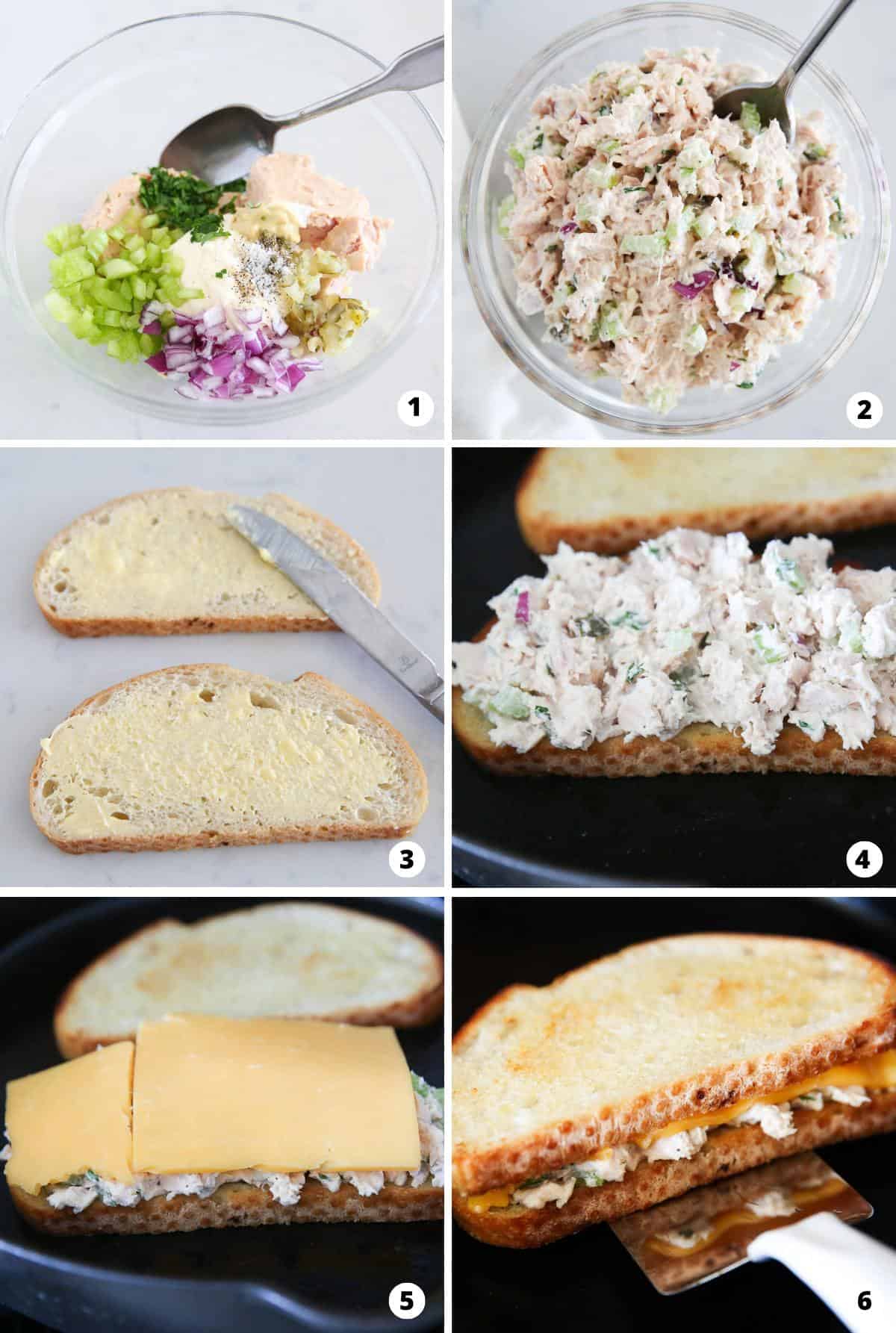 Showing how to make a tuna melt in a 6 step collage.