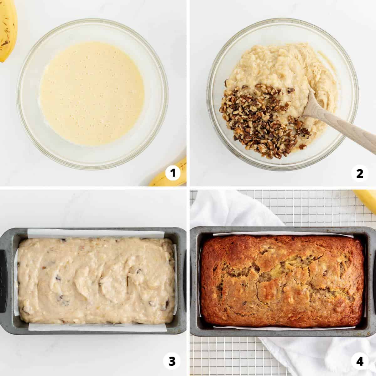 Showing how to make banana nut bread in a 4 step collage.
