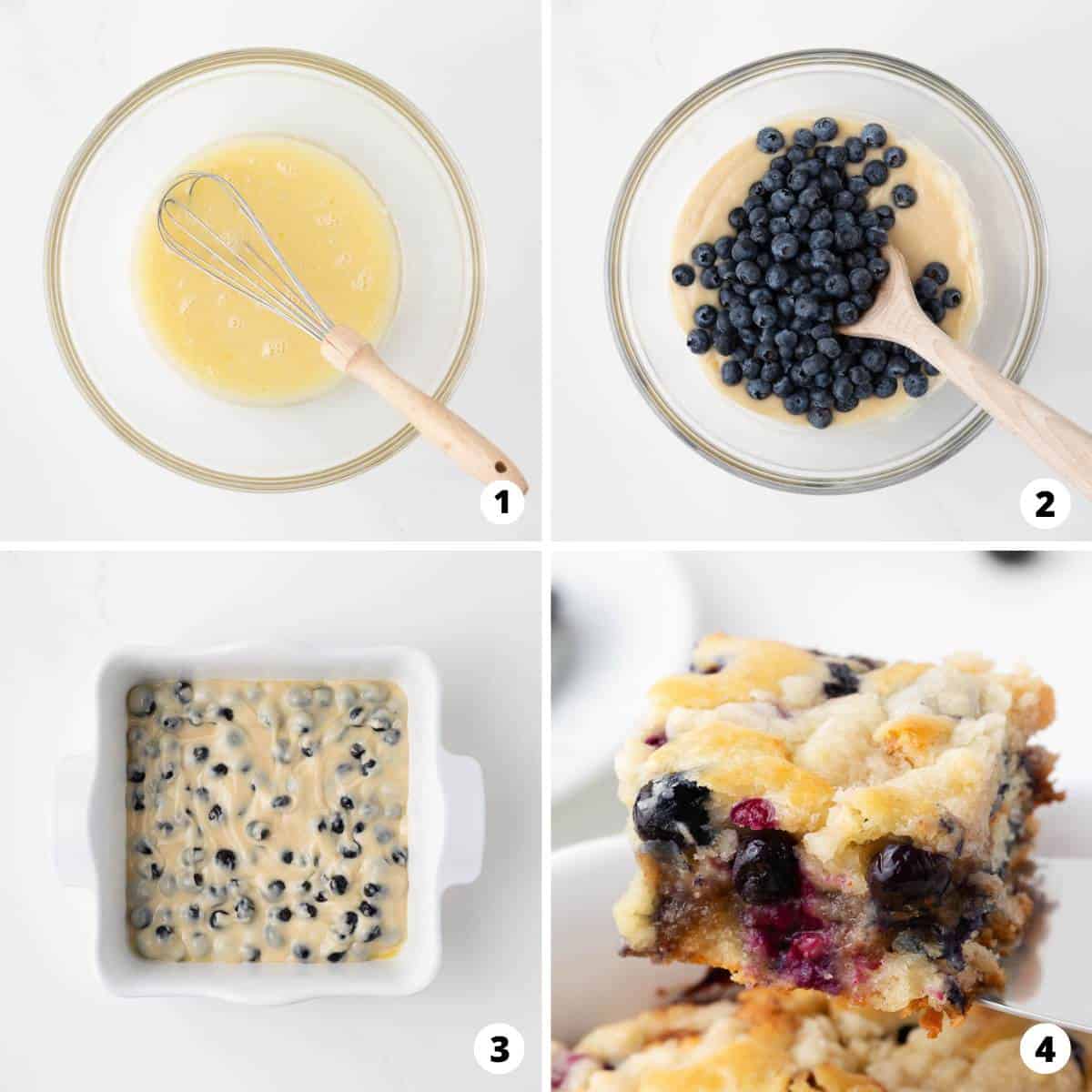 Showing how to make blueberry coffee cake in a 4 step collage.