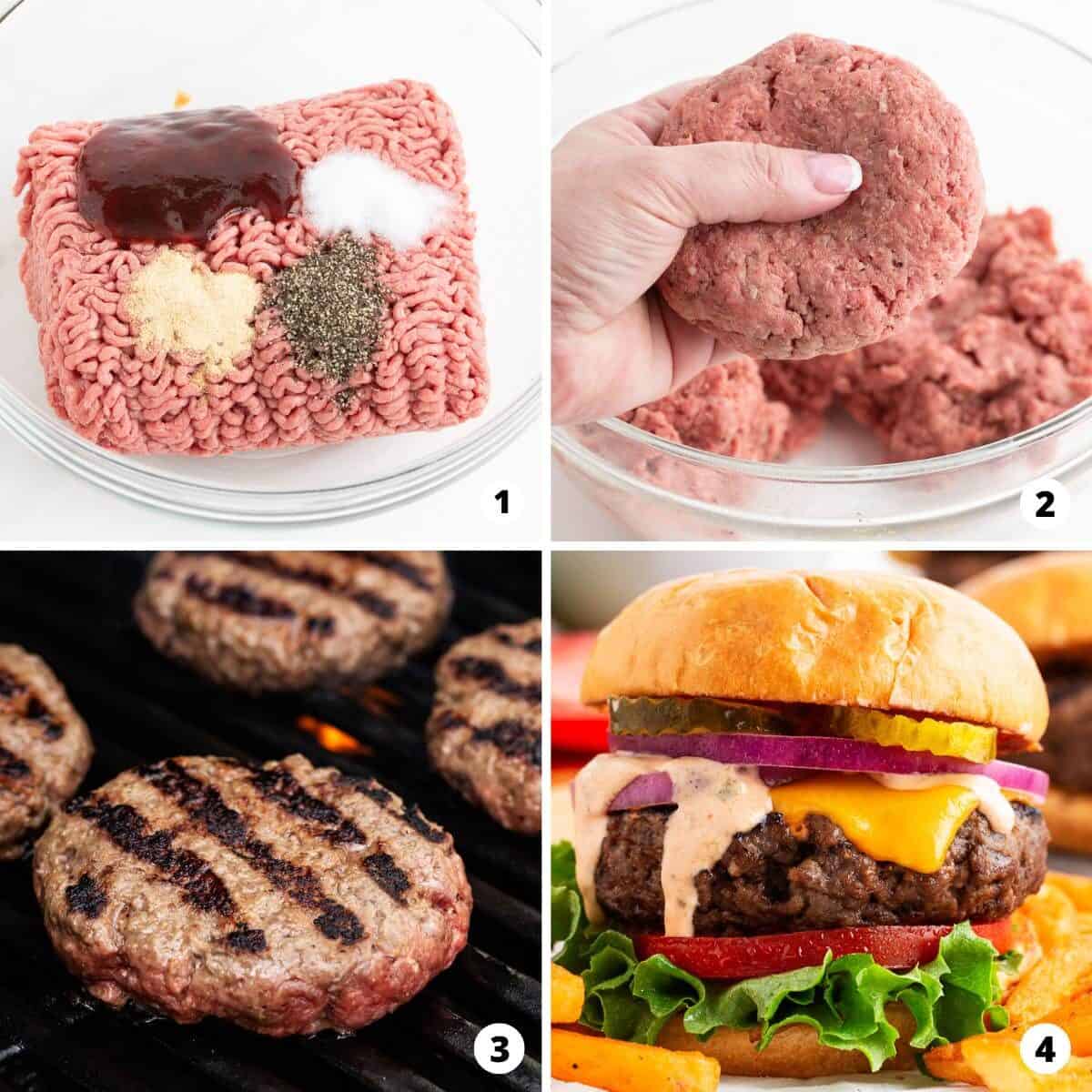 Showing how to make cheeseburgers in a 4 step collage.