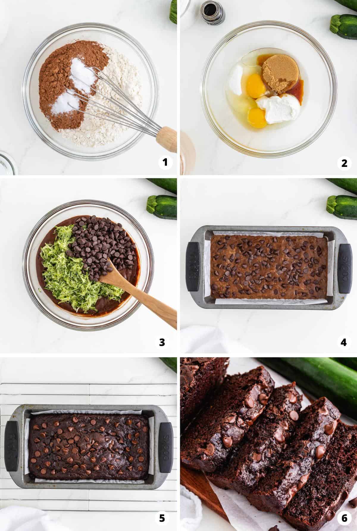 Showing how to make chocolate zucchini bread in a 6 step collage.