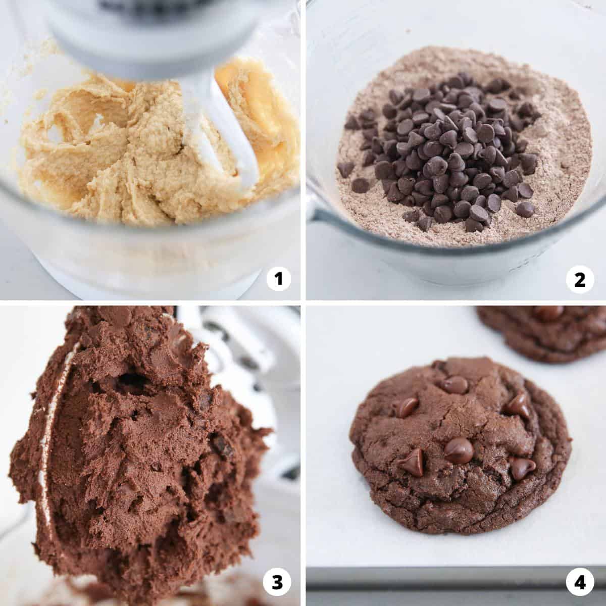 Showing how to make double chocolate chip cookies in a 4 step collage.