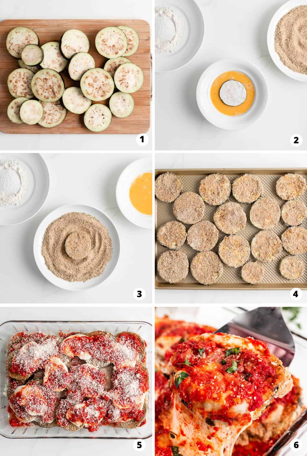 Showing how to make eggplant parmesan in a 6 step collage.