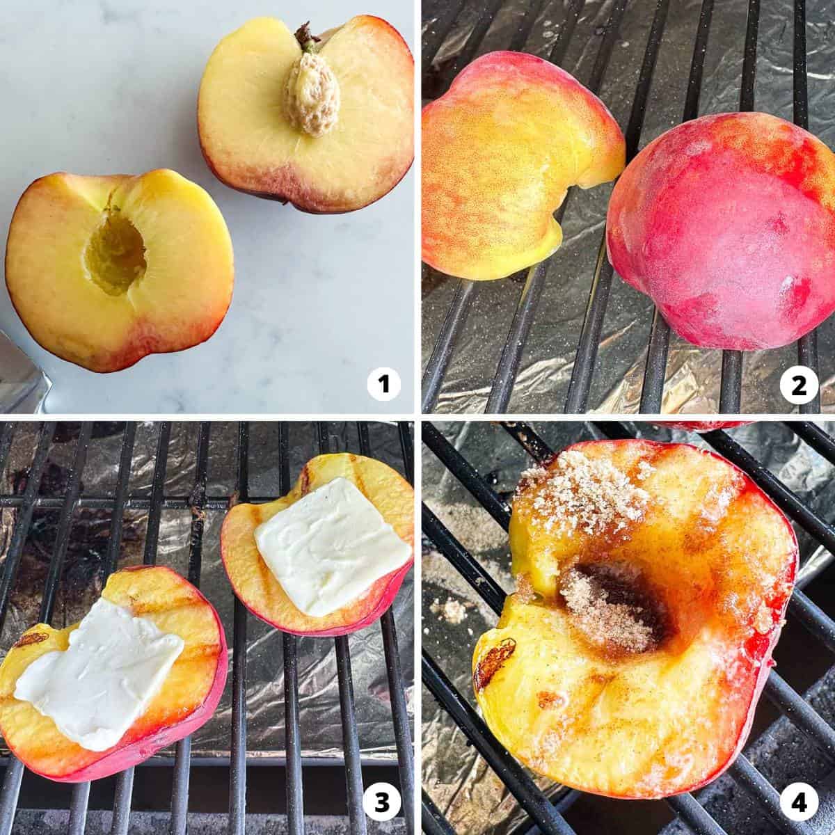 Showing how to grill peaches in a 4 step collage.