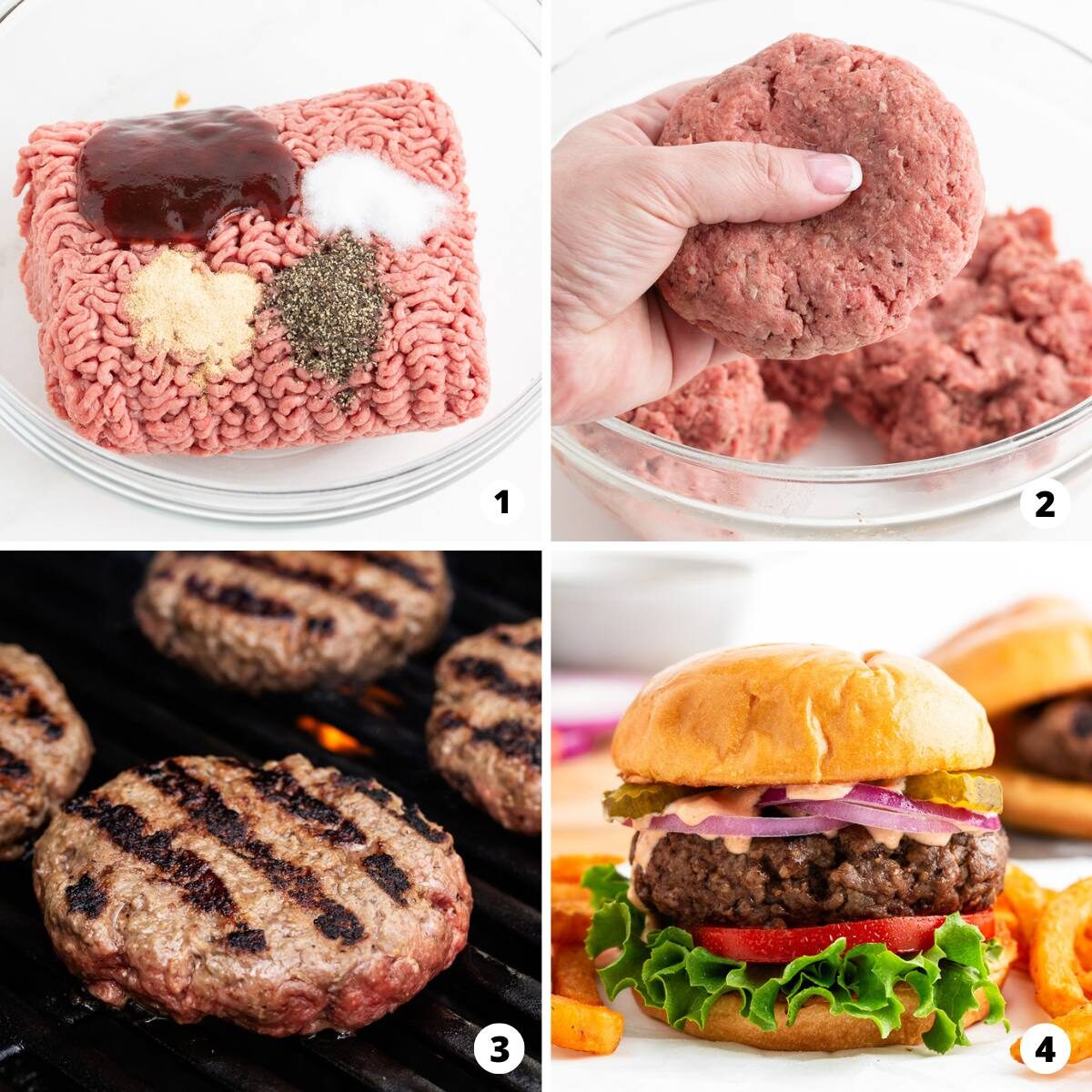 Showing how to make hamburgers in a 4 step collage.
