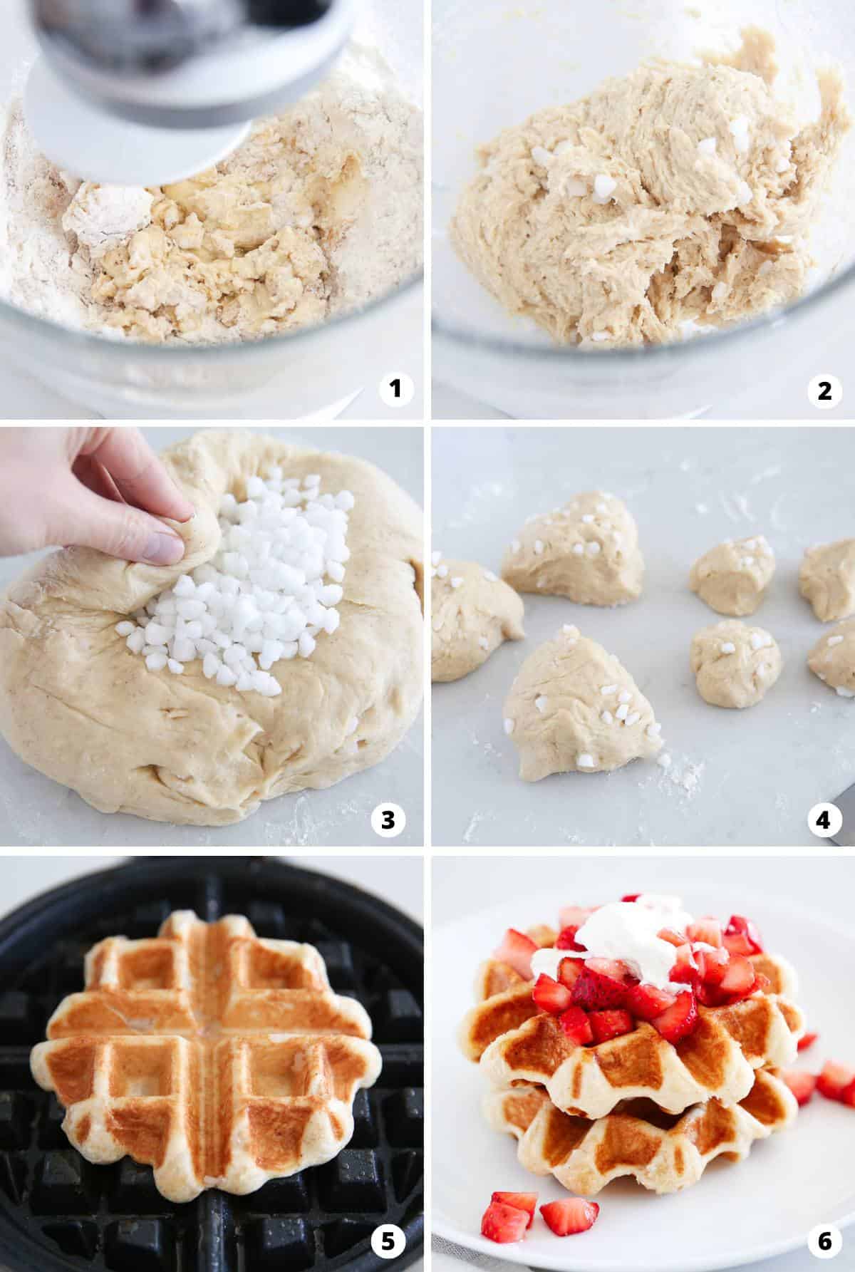 Showing how to make liege waffles in a 6 step collage.