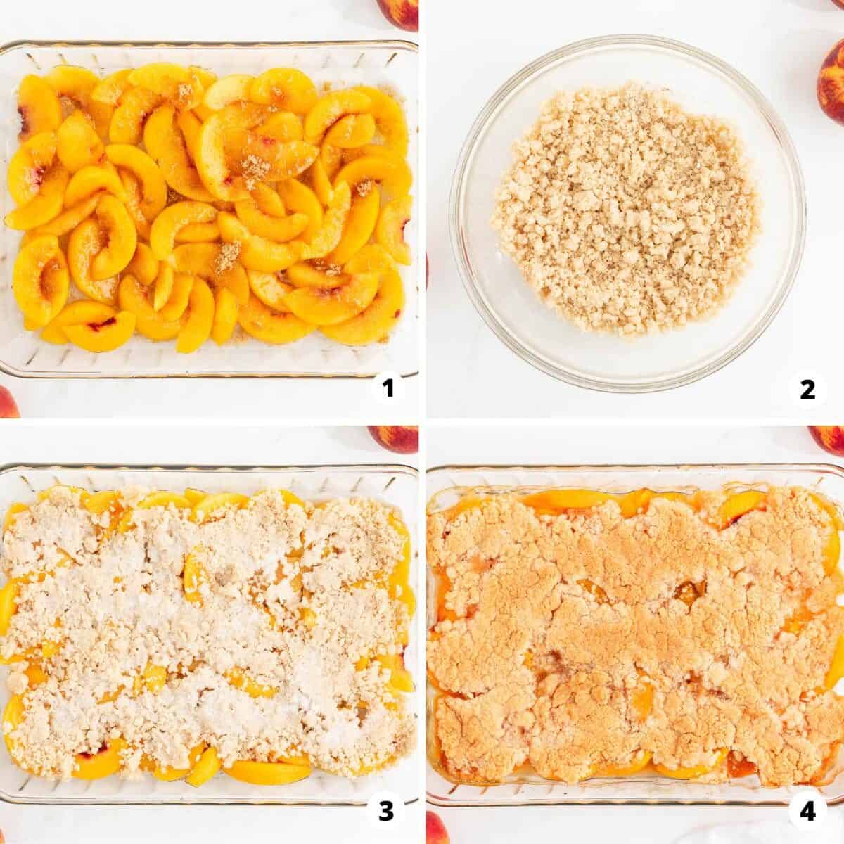 Showing how to make peach cobbler in a 4 step collage.