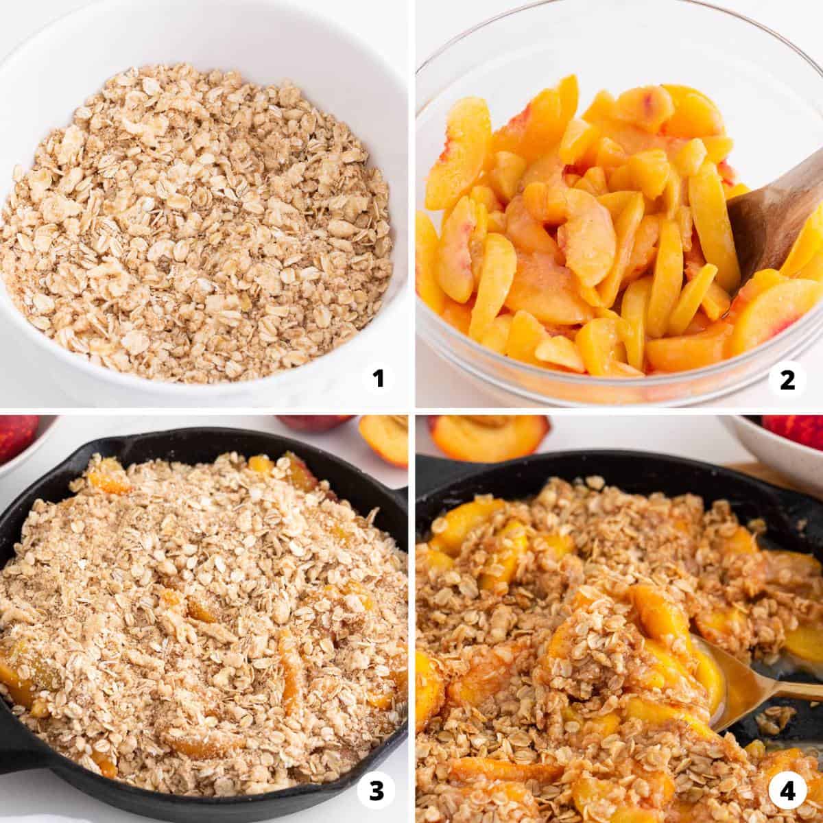 Showing how to make peach crisp in a 4 step collage.