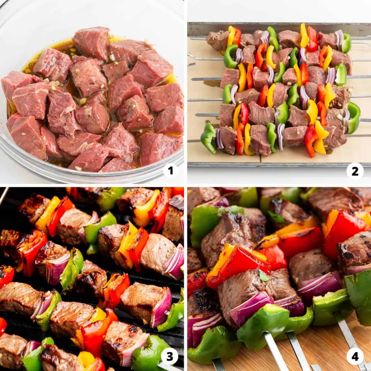 Showing how to make steak kabobs in a 4 step collage.