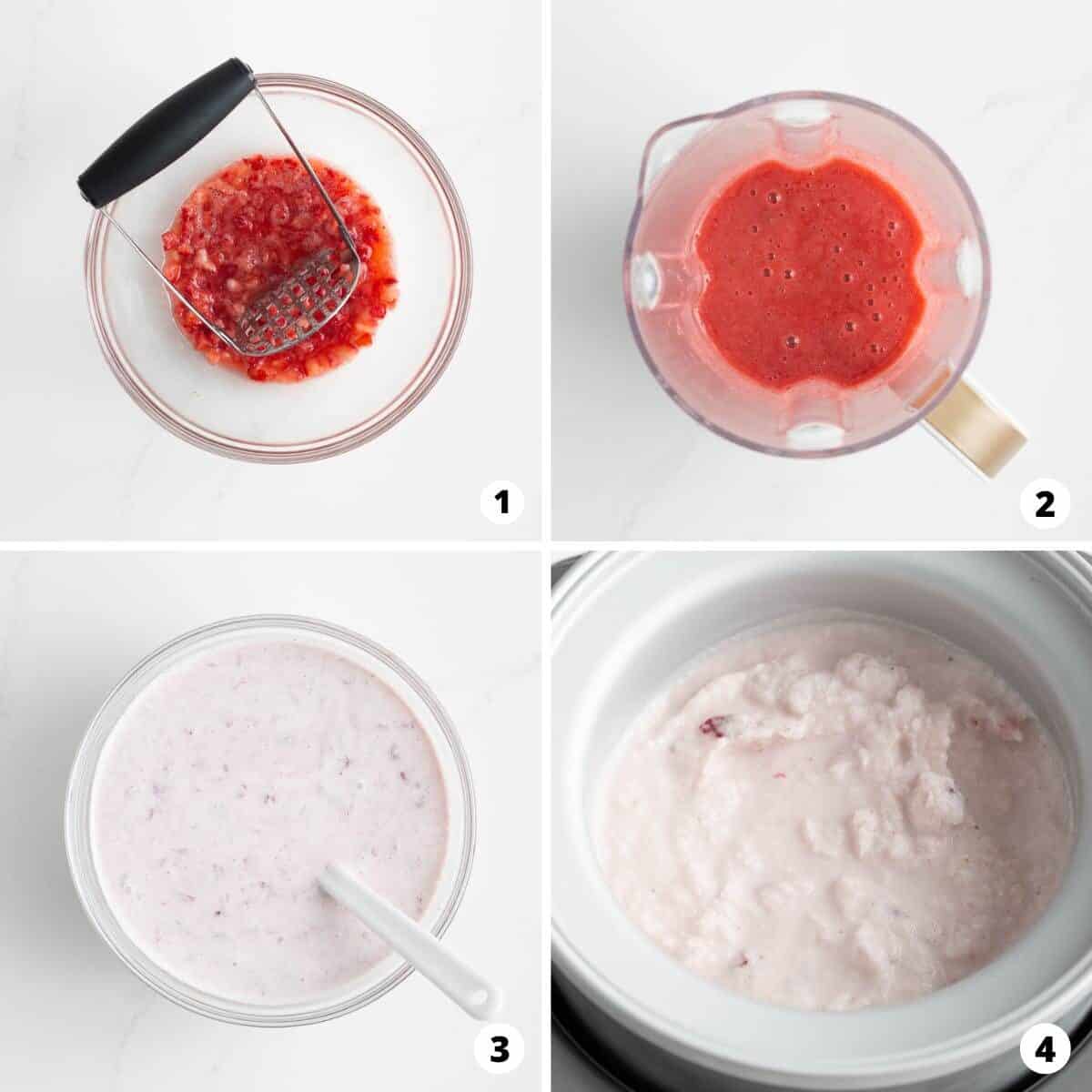 Showing how to make strawberry ice cream in a 4 step collage.