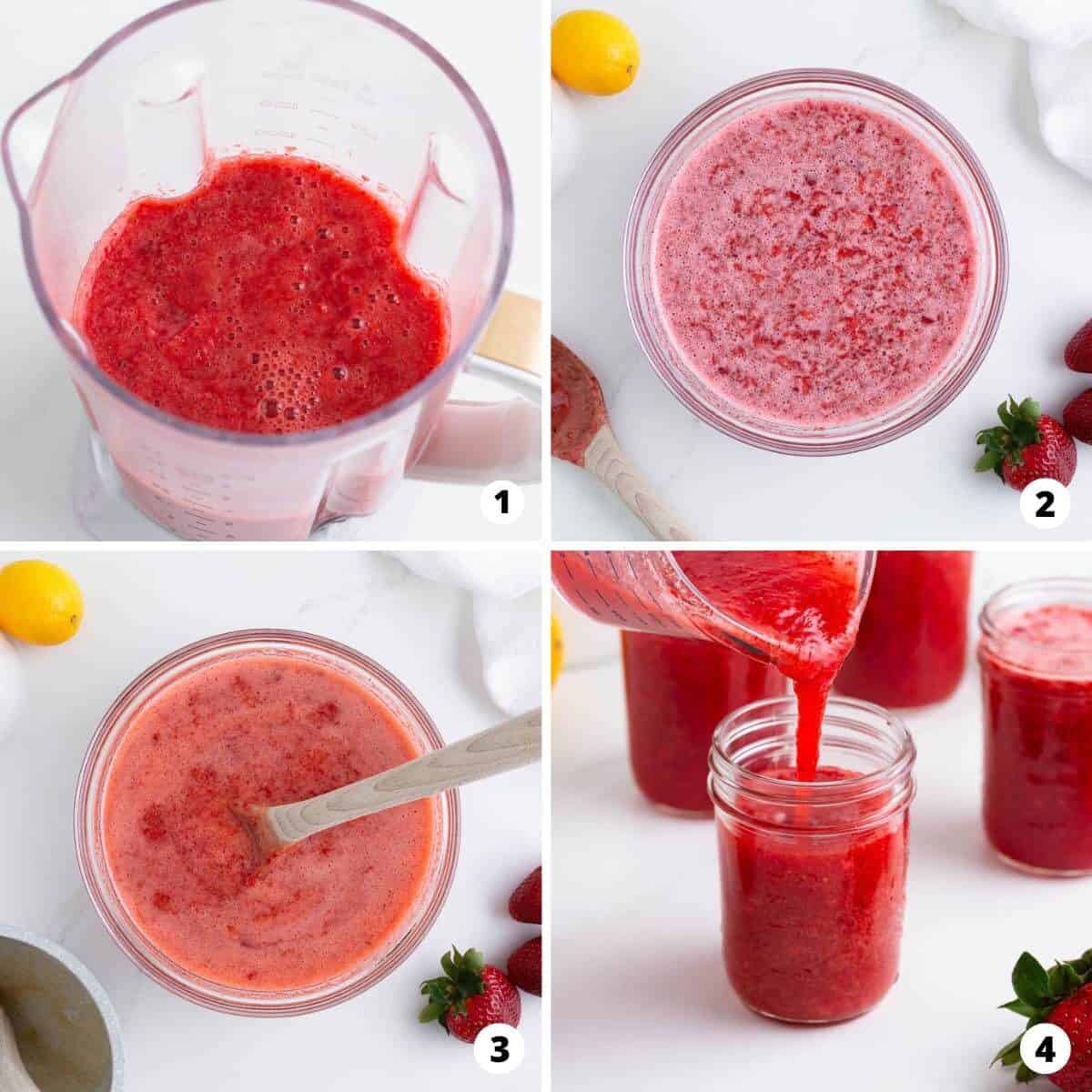 Showing how to make strawberry jam in a 4 step collage.