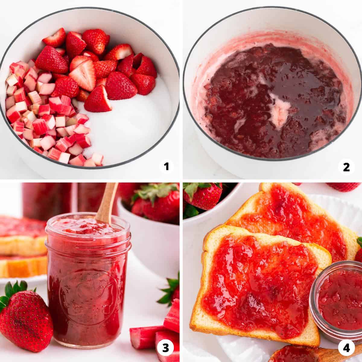 Showing how to make strawberry rhubarb jam in a 4 step collage.