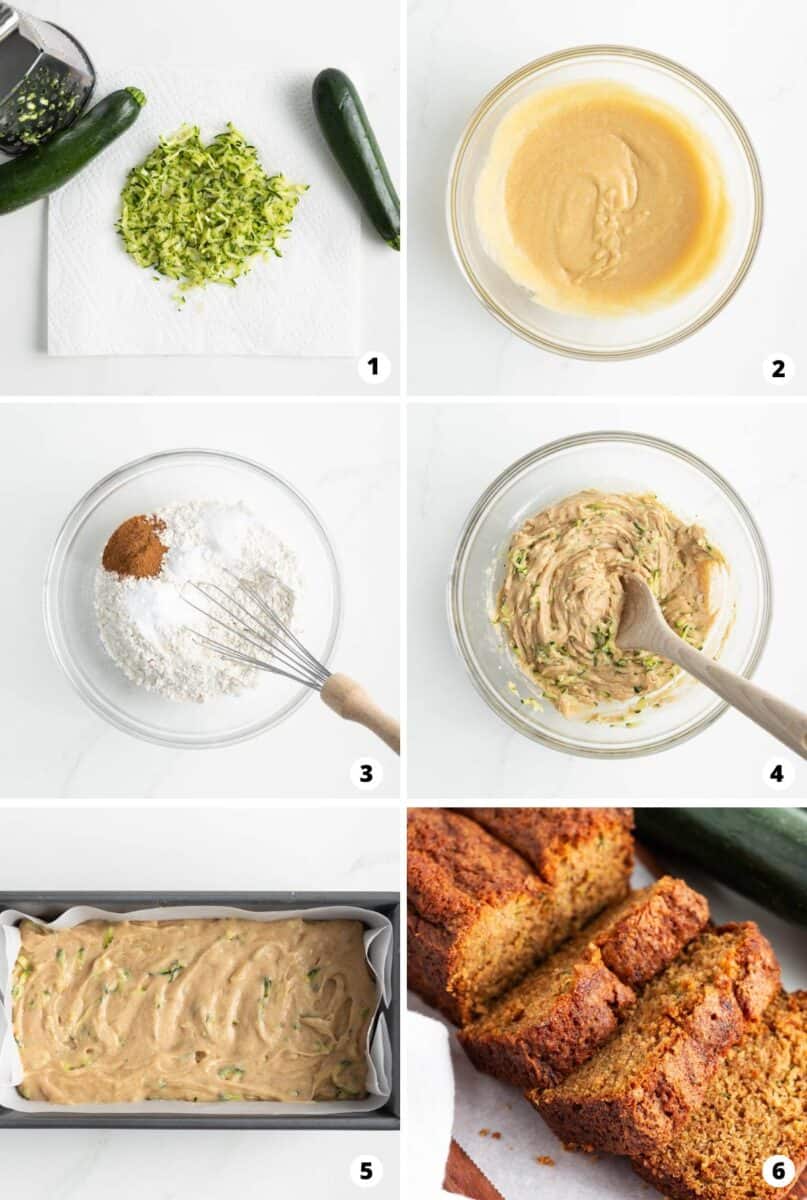 Showing how to make zucchini bread in a 6 step collage.