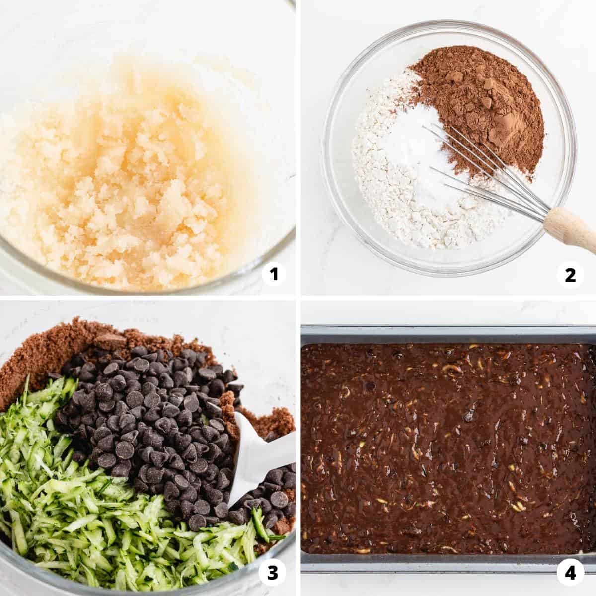 Showing how to make zucchini brownies in a 4 step collage.