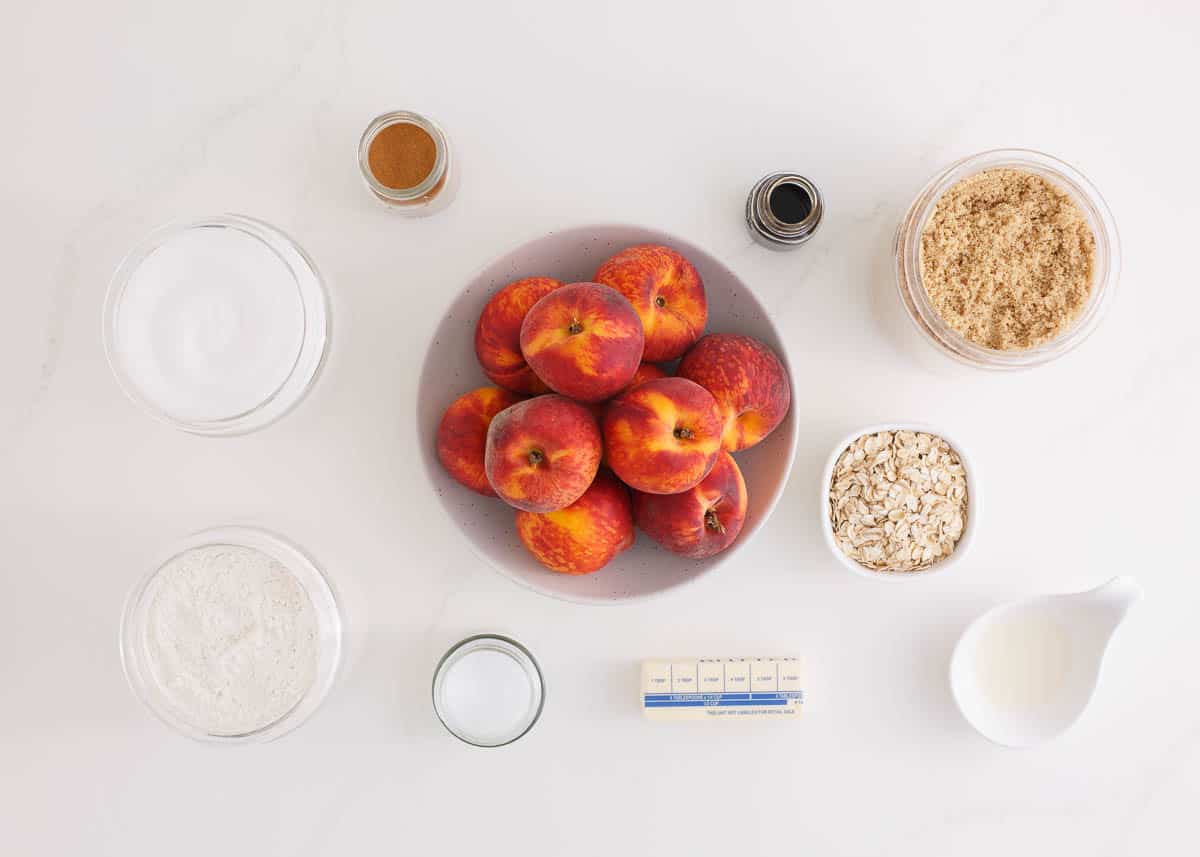 Peach crisp ingredients on counter.