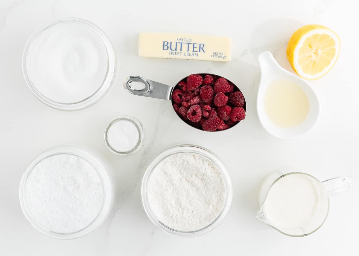 Raspberry cookie ingredients on counter.