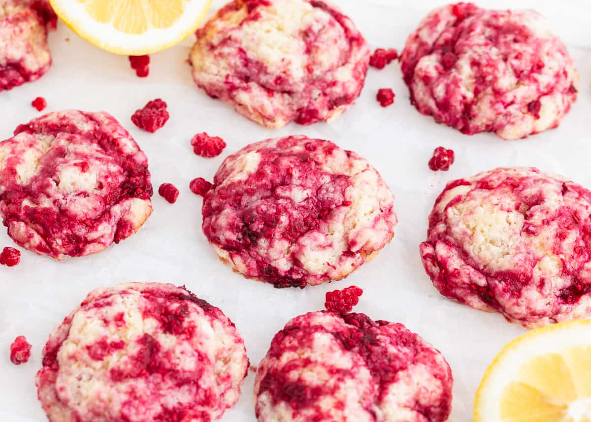 Raspberry cookies on counter.