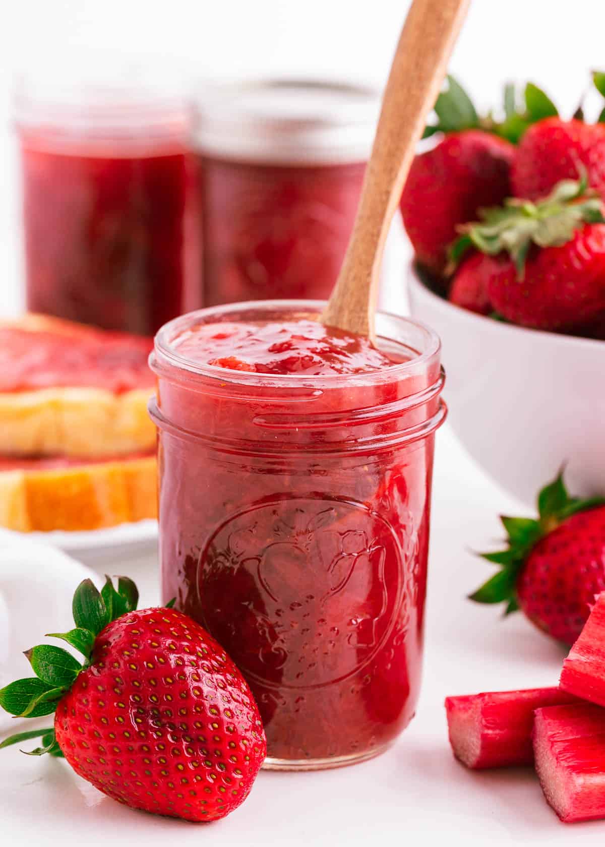 Strawberry rhubarb jam in a jar.