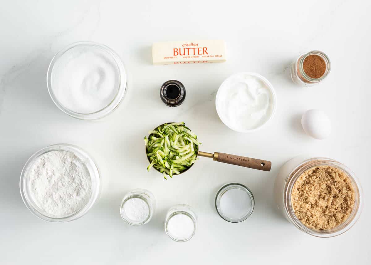 Zucchini bread ingredients on counter.