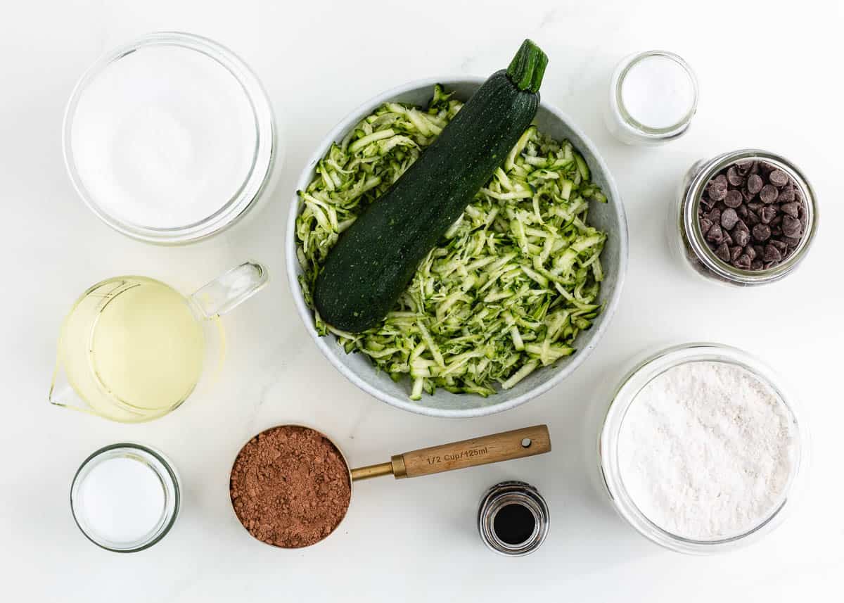 Zucchini brownie ingredients on counter.