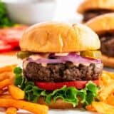 Hamburger and fries on a plate.