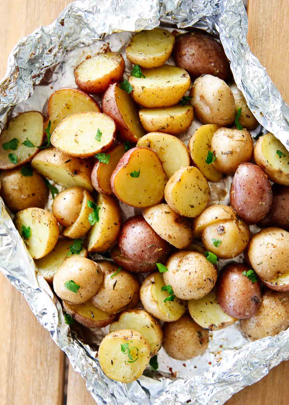 Grilled potatoes in foil.