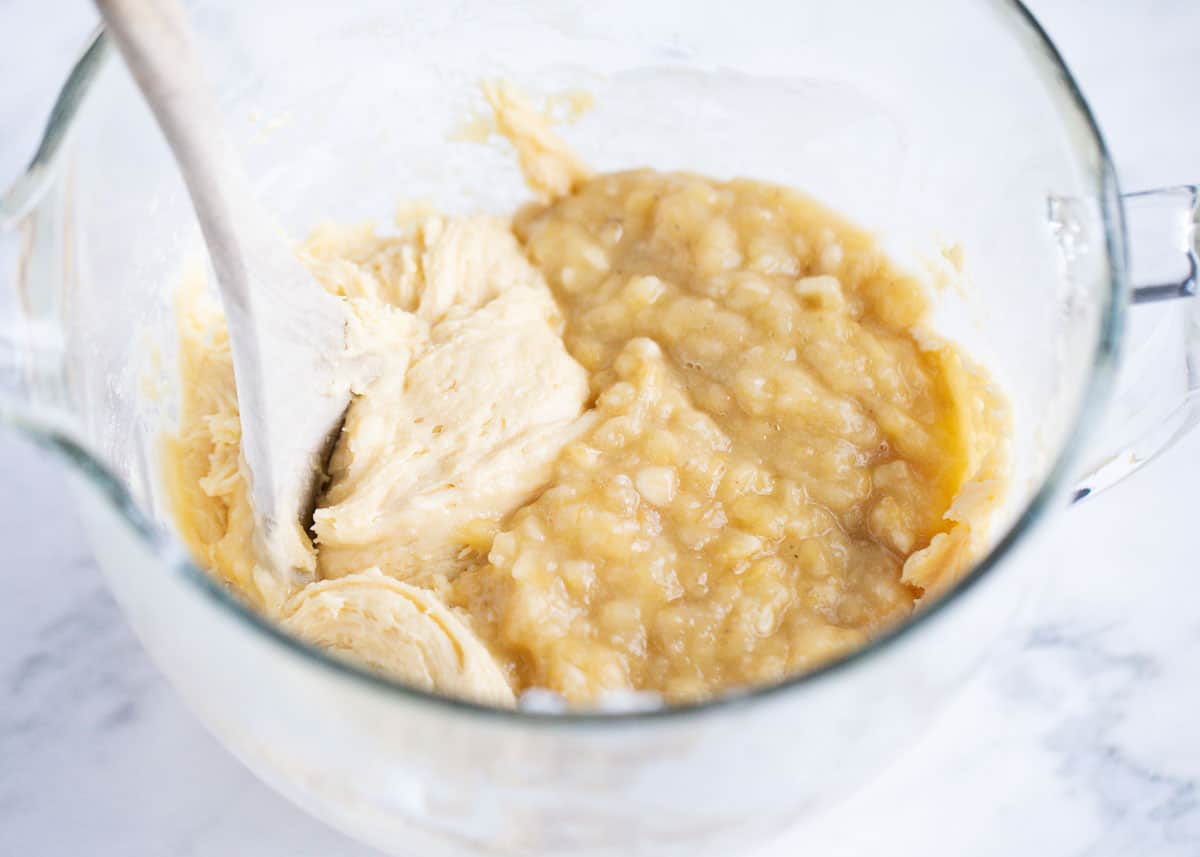 Mixing up banana bread. 