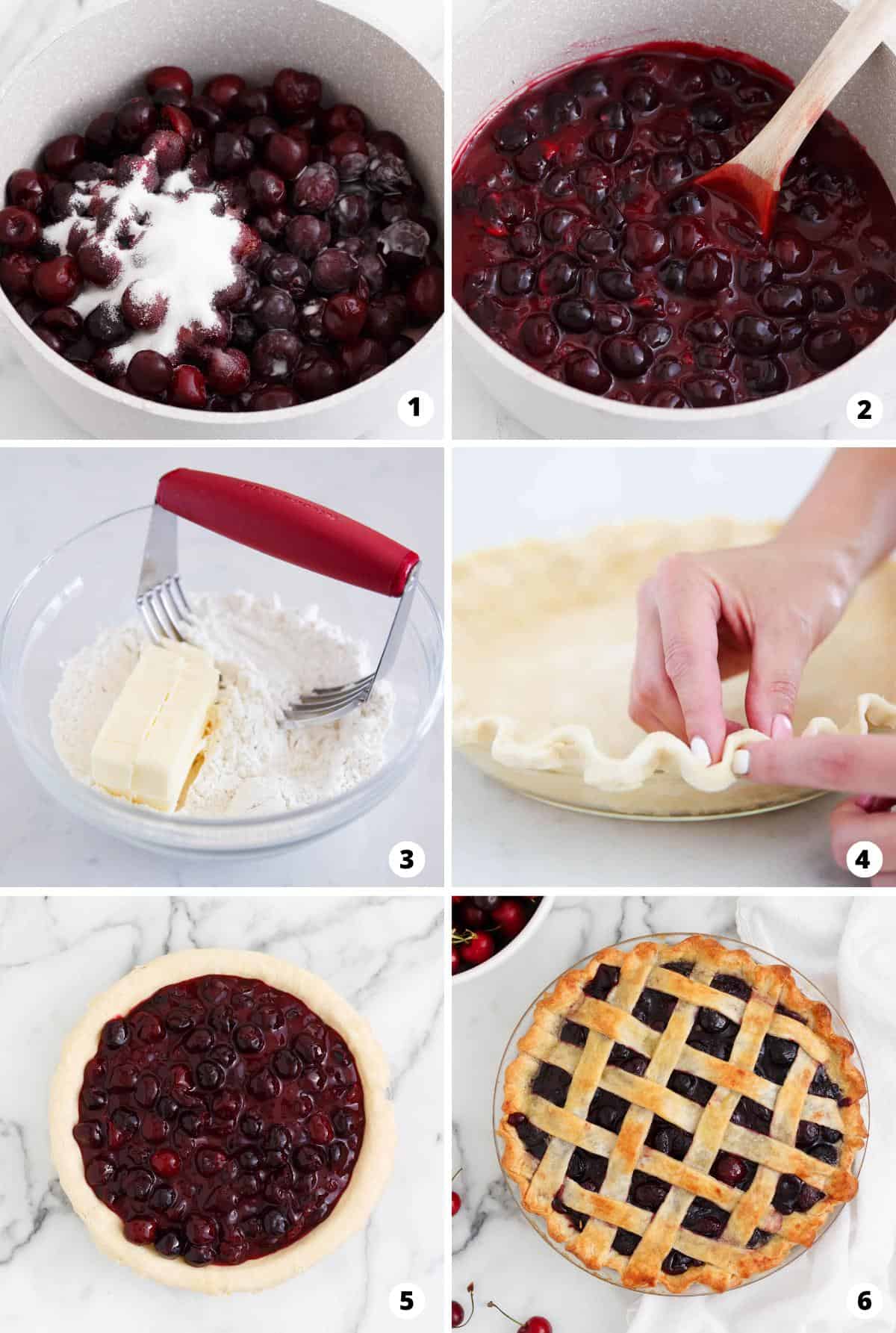 Showing how to make cherry pie in a 6 step collage.