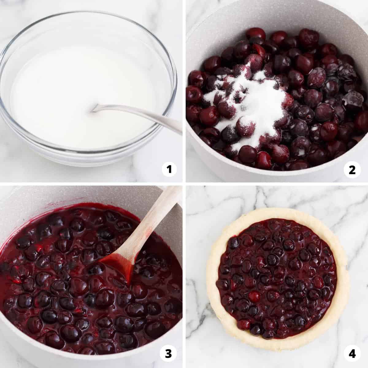 Showing how to make cherry pie filling in a 4 step collage.