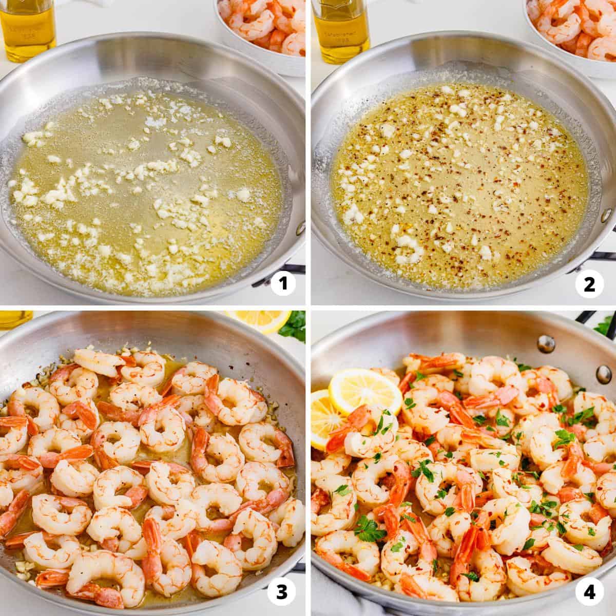 Showing how to make shrimp scampi in a 4 step collage.
