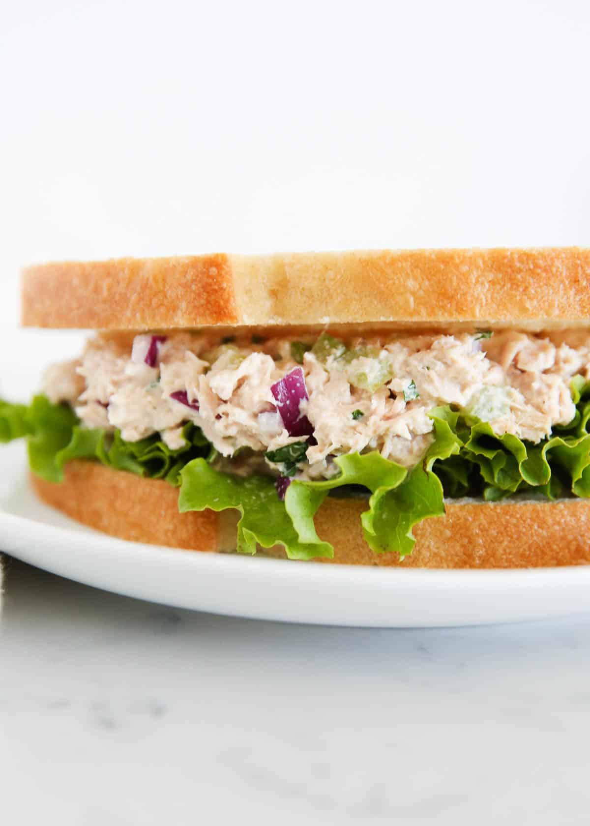 Tuna salad sandwich on a white plate.