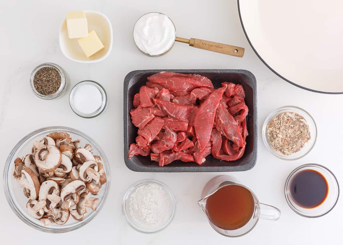 Beef stroganoff ingredients on the counter.