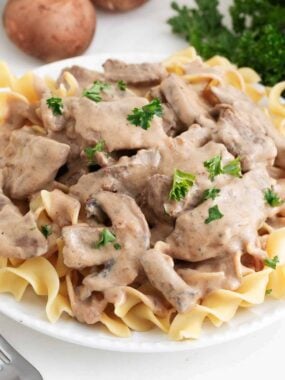 Beef stroganoff over noodles in a white bowl.