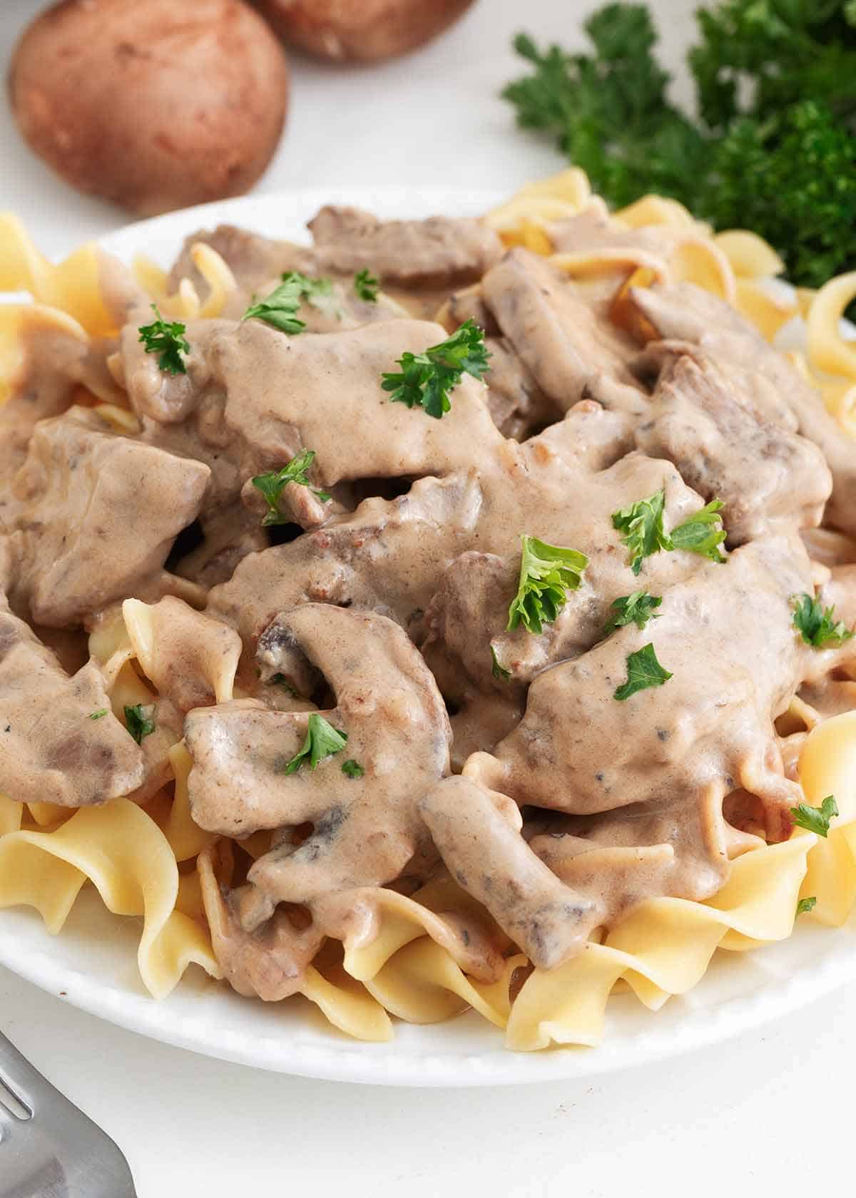 Beef stroganoff over noodles in a white bowl.