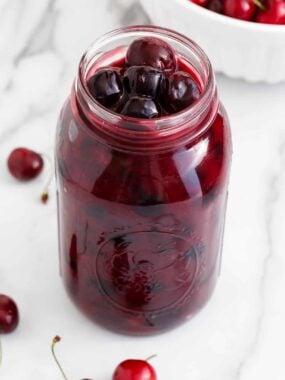 Cherry pie filling in a jar.