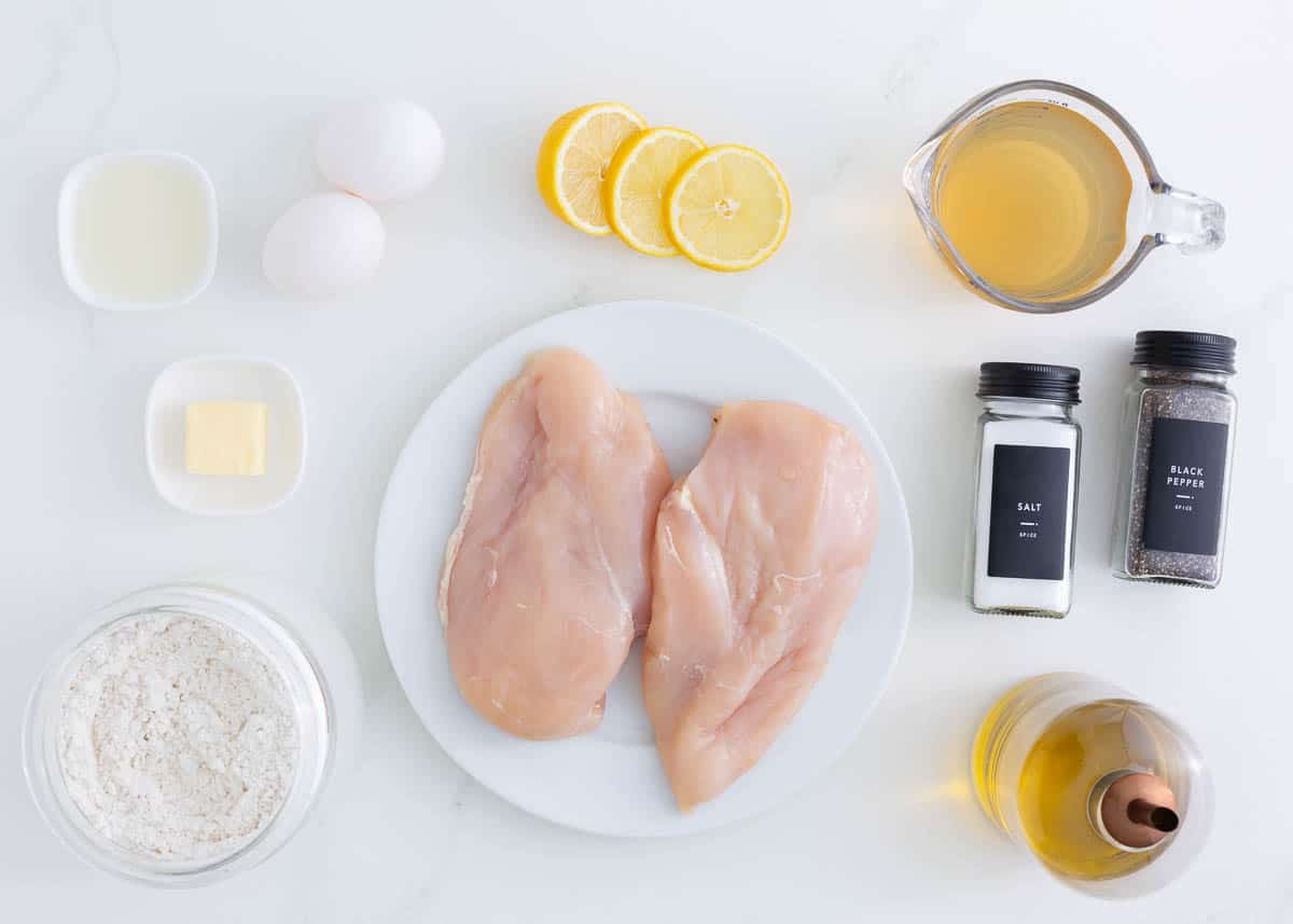 Chicken francese ingredients on counter.